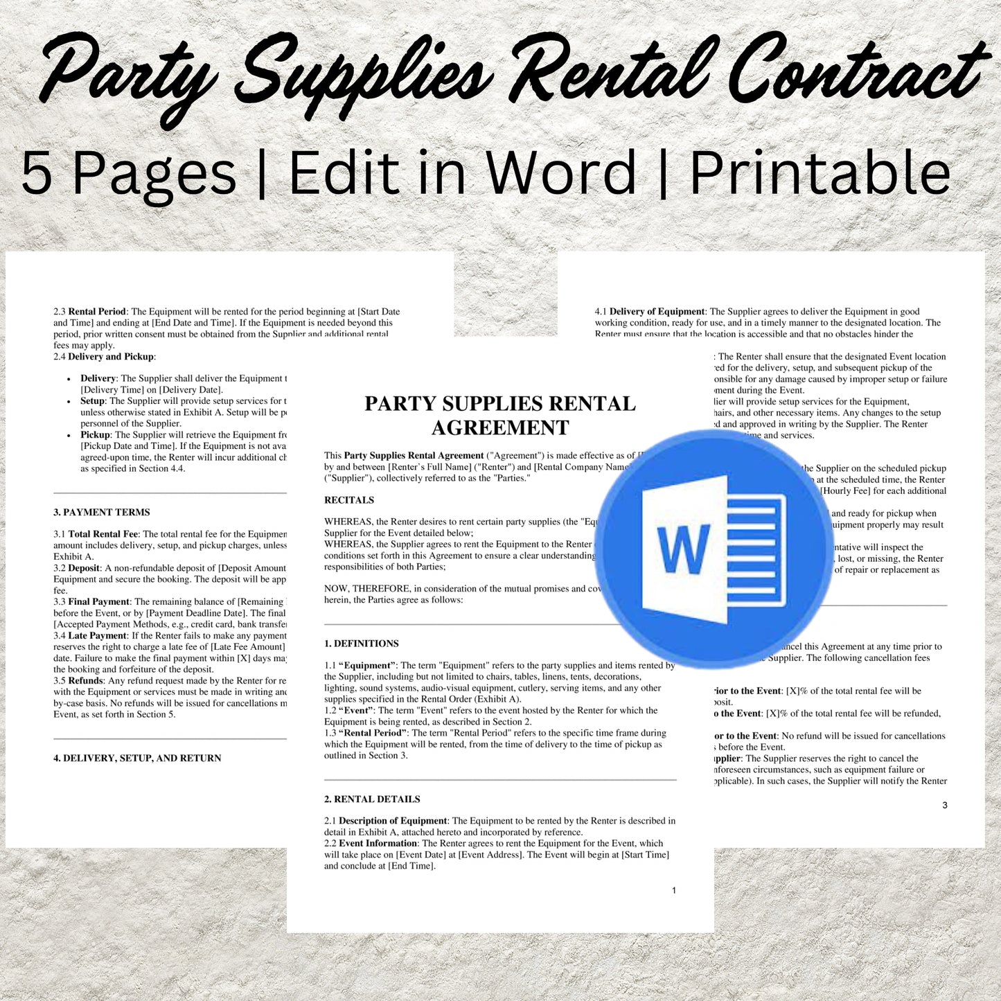 Party Rental Contract Template Editable Party Supply Contract Party Equipment Rental Agreement Event Supply Contract Venue Provider Form