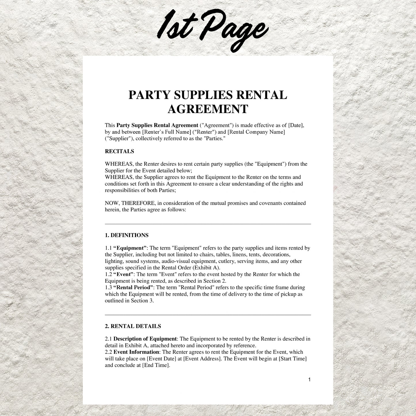 Party Rental Contract Template Editable Party Supply Contract Party Equipment Rental Agreement Event Supply Contract Venue Provider Form