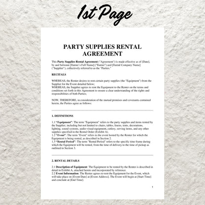 Party Rental Contract Template Editable Party Supply Contract Party Equipment Rental Agreement Event Supply Contract Venue Provider Form