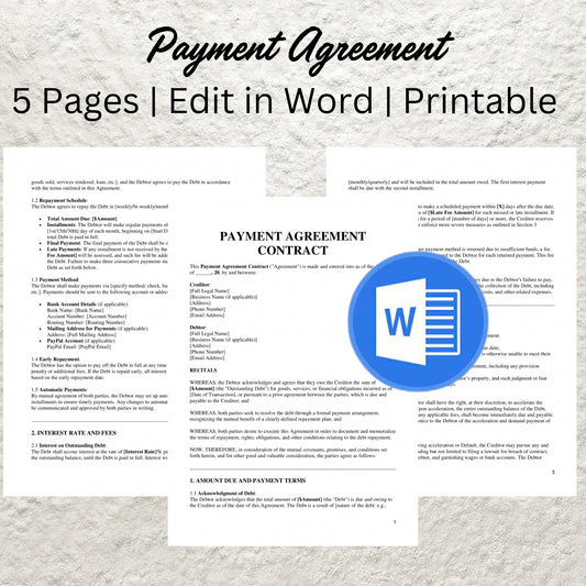 Payment Contract Template Editable Payment Agreement Contract Printable Payment Plan Agreement Debt Repayment Agreement Payment Terms Form