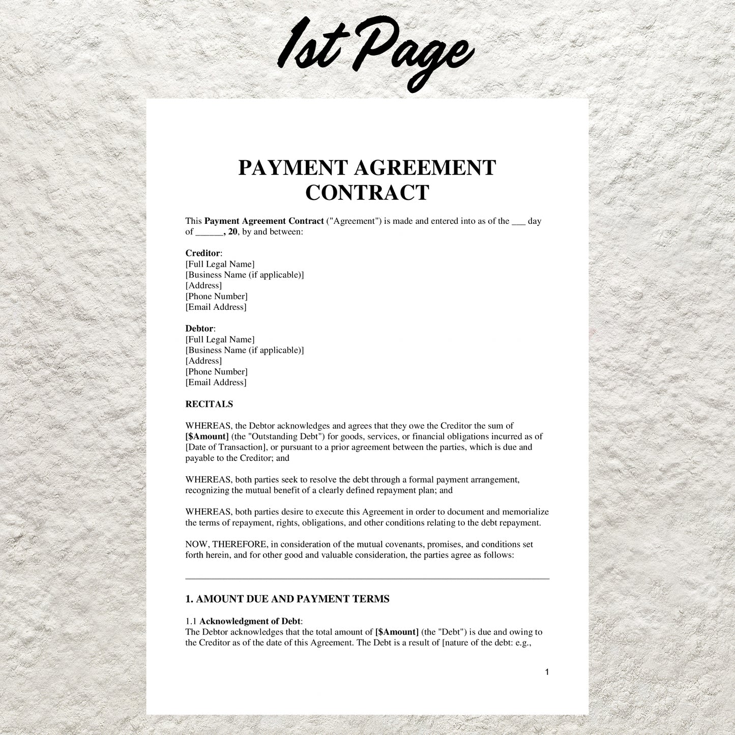 Payment Contract Template Editable Payment Agreement Contract Printable Payment Plan Agreement Debt Repayment Agreement Payment Terms Form