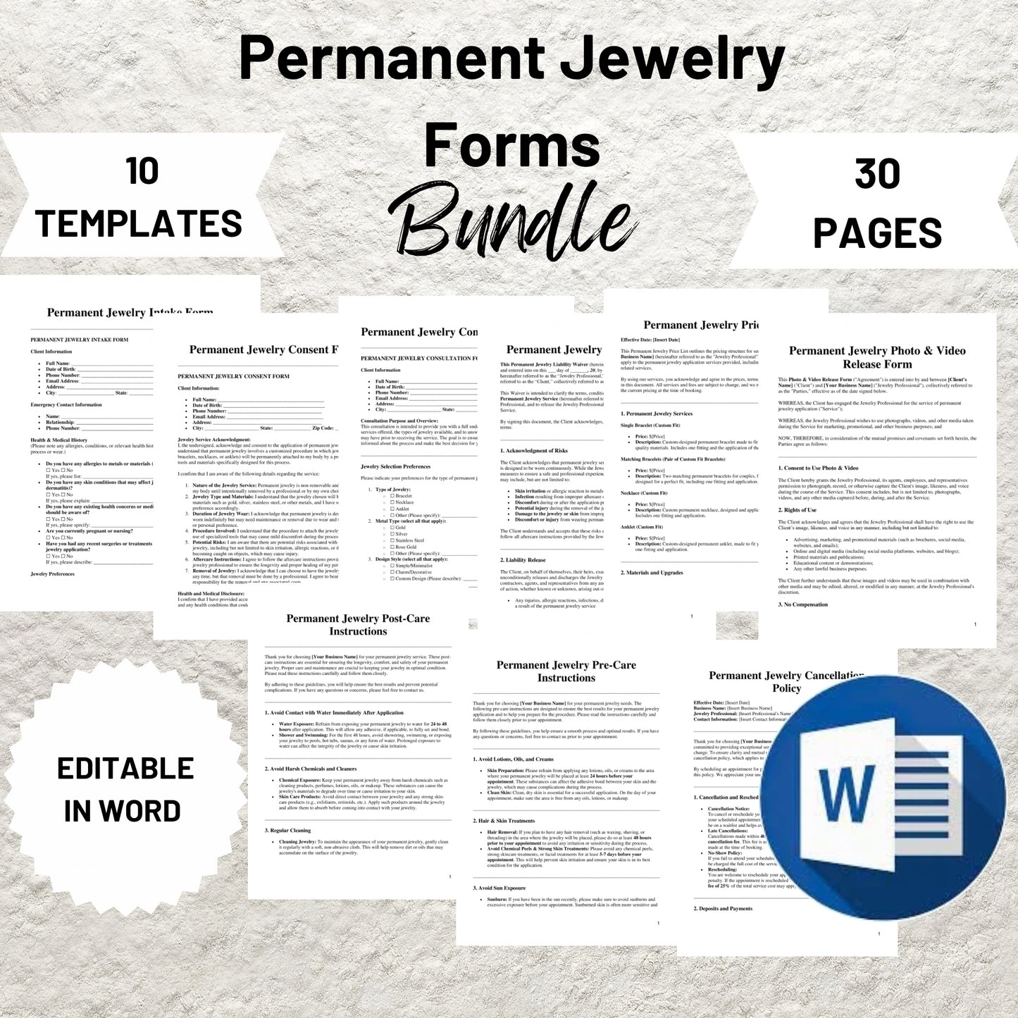 Permanent Jewelry Business Starter Kit Editable Permanent Jewelry Consent Form Printable Permanent Jewelry Liability Waiver Jewelry Care