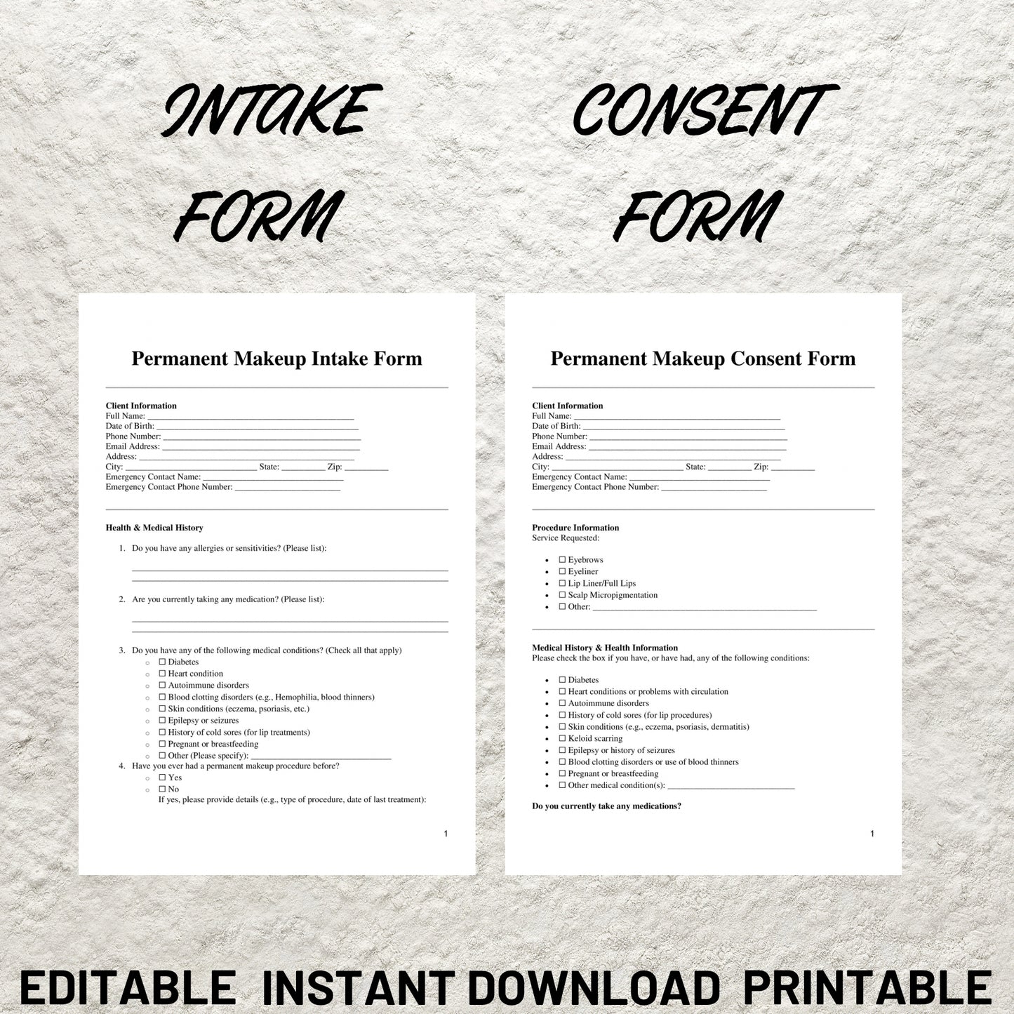 Permanent Makeup Forms Bundle Editable PMU Consent Form Printable PMU Client Intake Form PMU Aftercare Esthetician Beauty Salon Forms