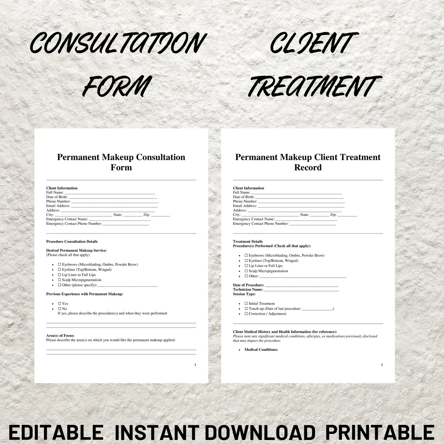 Permanent Makeup Forms Bundle Editable PMU Consent Form Printable PMU Client Intake Form PMU Aftercare Esthetician Beauty Salon Forms