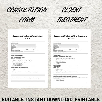 Permanent Makeup Forms Bundle Editable PMU Consent Form Printable PMU Client Intake Form PMU Aftercare Esthetician Beauty Salon Forms