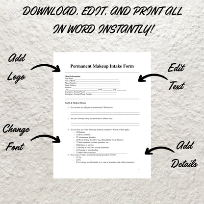 Permanent Makeup Forms Bundle Editable PMU Consent Form Printable PMU Client Intake Form PMU Aftercare Esthetician Beauty Salon Forms