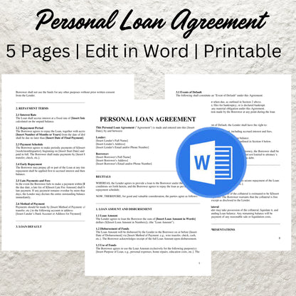 Personal Loan Agreement Template Editable Personal loan Contract Printable Loan Agreement Personal Loan IOU Form Promissory Note Contract