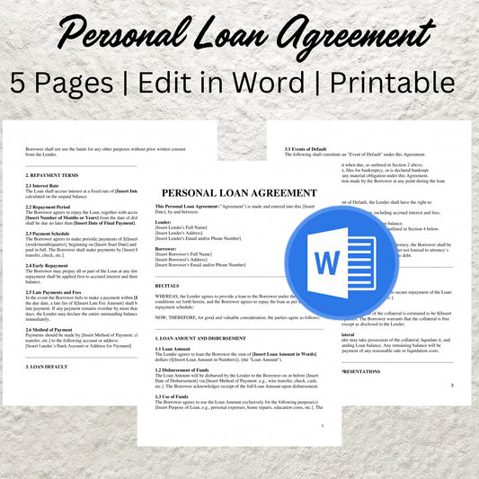 Personal Loan Agreement Template Editable Personal loan Contract Printable Loan Agreement Personal Loan IOU Form Promissory Note Contract