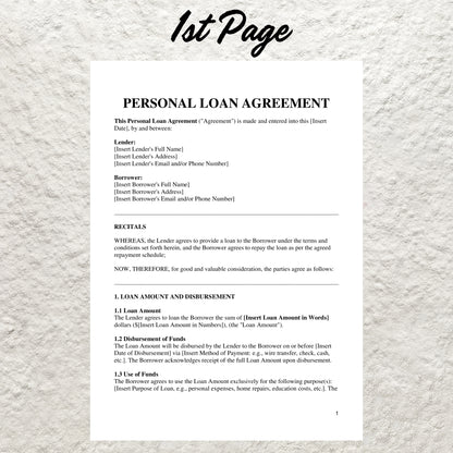 Personal Loan Agreement Template Editable Personal loan Contract Printable Loan Agreement Personal Loan IOU Form Promissory Note Contract