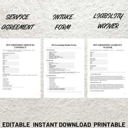 Pet Grooming Forms Bundle Editable Pet Grooming Contract Printable Dog Grooming Service Agreement Pet Grooming Client Intake Form Template