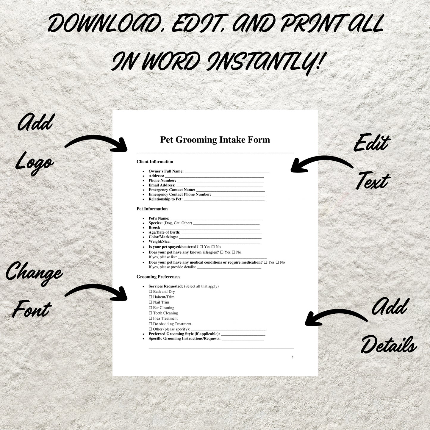 Pet Grooming Forms Bundle Editable Pet Grooming Contract Printable Dog Grooming Service Agreement Pet Grooming Client Intake Form Template