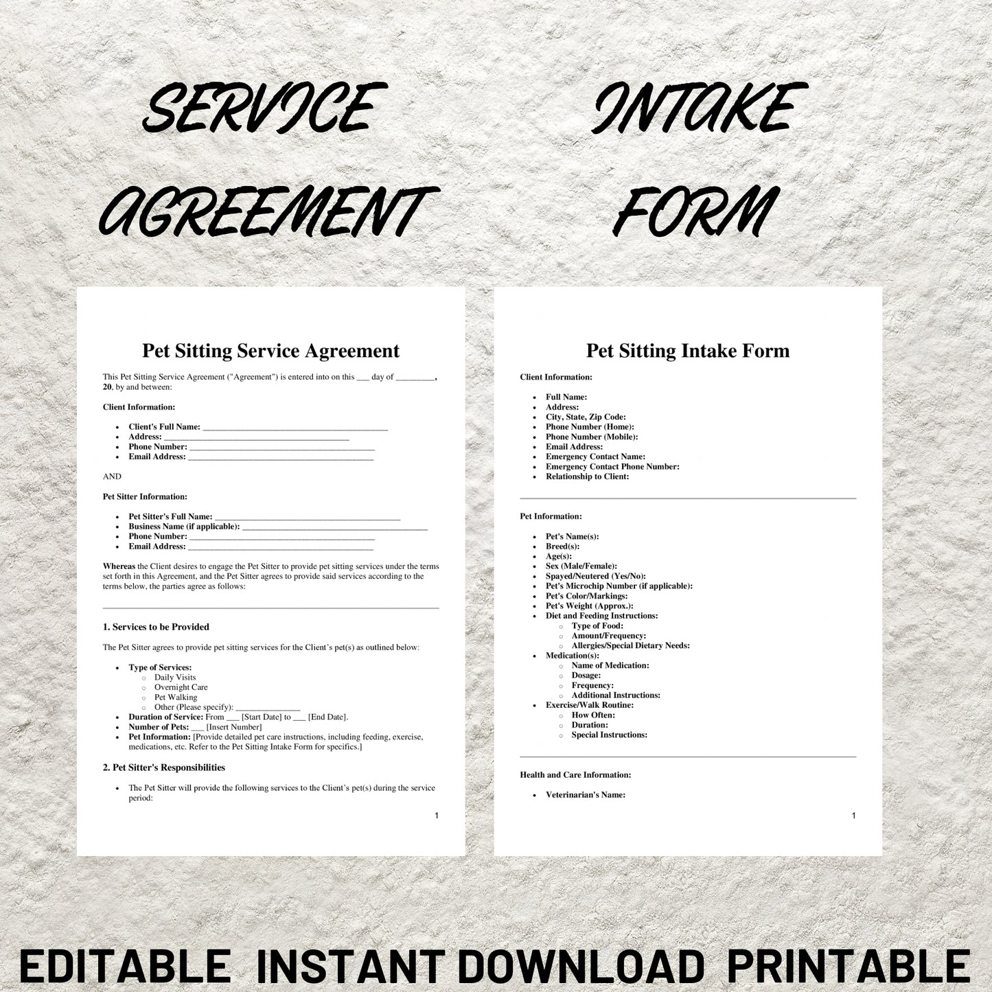 Pet Sitting Forms Bundle Editable Pet Sitting Service Agreement Contract Printable Pet Sitting Business New Client Intake Form Pet Invoice