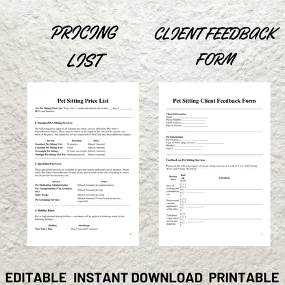 Pet Sitting Forms Bundle Editable Pet Sitting Service Agreement Contract Printable Pet Sitting Business New Client Intake Form Pet Invoice