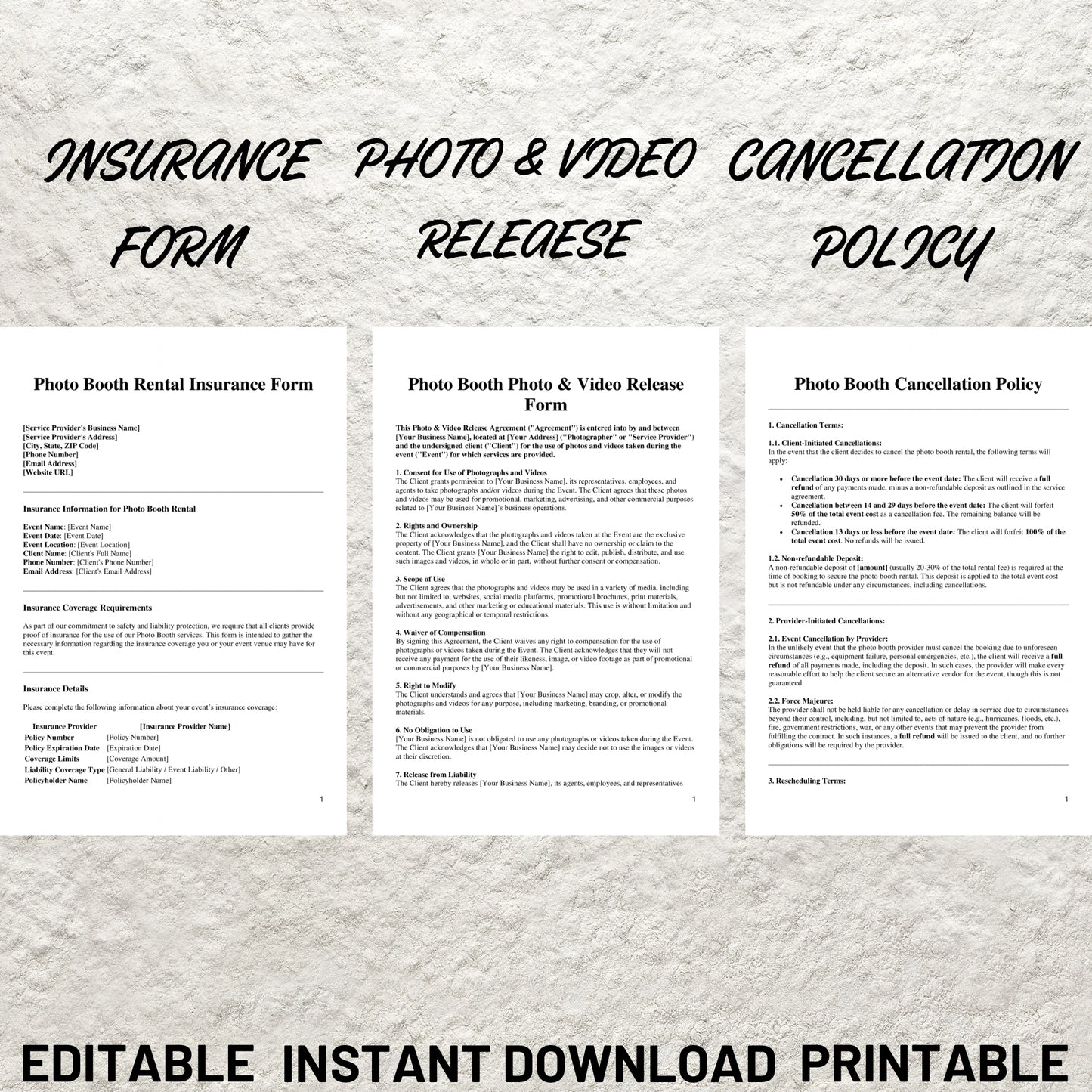 Photo Booth Business Forms Bundle Editable Photo Booth Contract Template Printable Video Booth Rental Contract Photo Booth Price List Forms