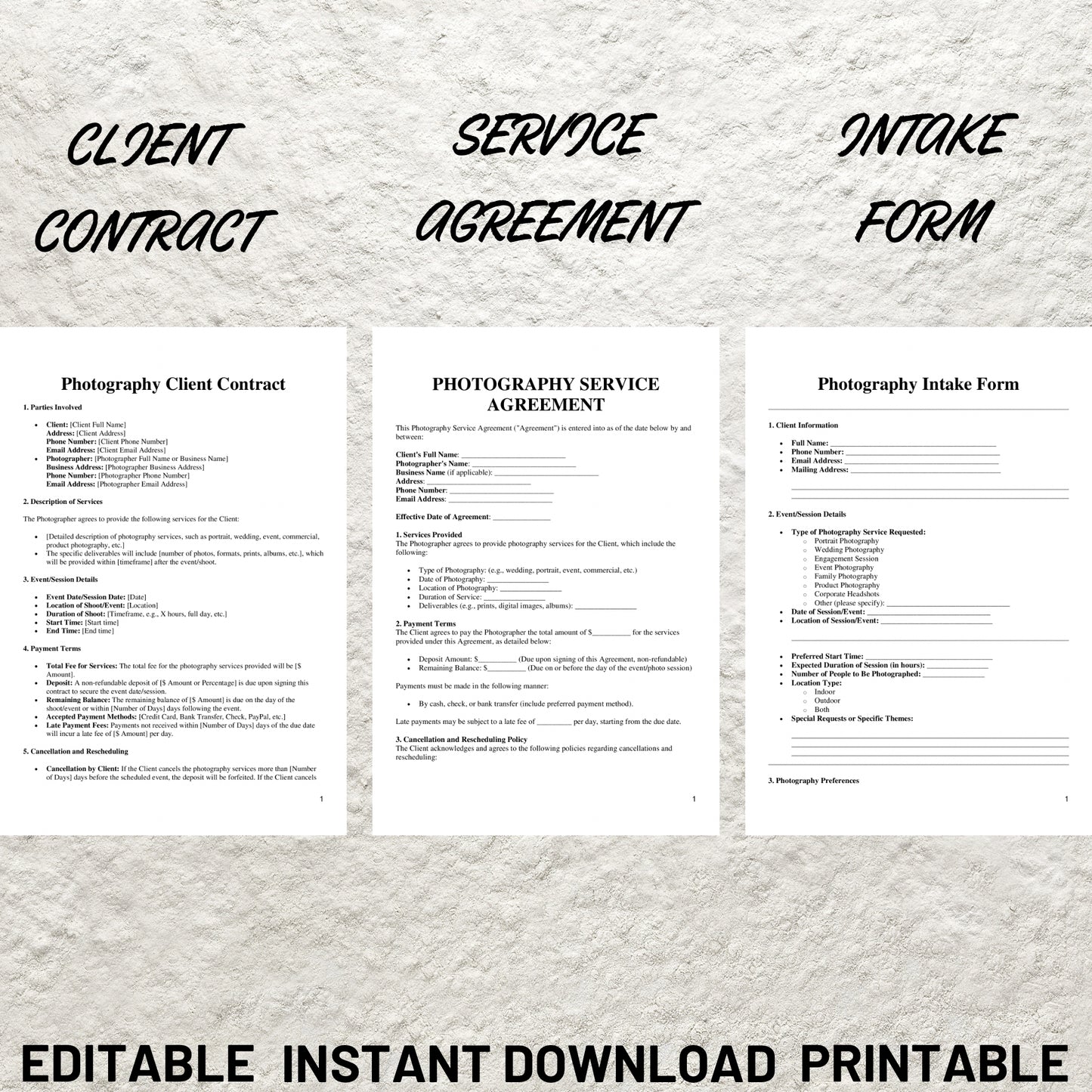 Photography Contract Template Bundle Editable Photography Booking Forms Bundle Printable Client Session Contract Photography Business Forms