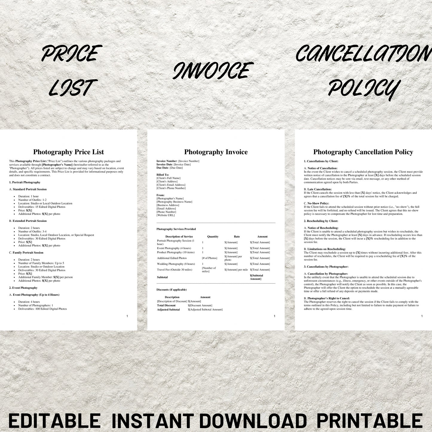 Photography Contract Template Bundle Editable Photography Booking Forms Bundle Printable Client Session Contract Photography Business Forms