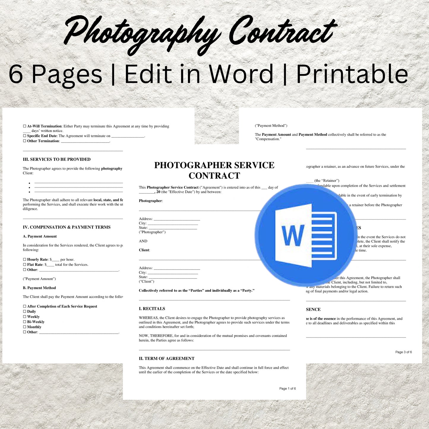 Photography Contract Template Editable Portrait Photography Agreement Form Printable Photographer Business Client Service Agreement Forms