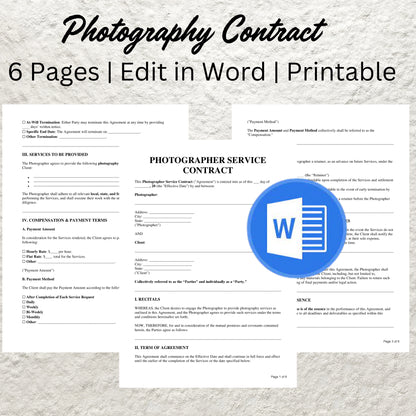 Photography Contract Template Editable Portrait Photography Agreement Form Printable Photographer Business Client Service Agreement Forms