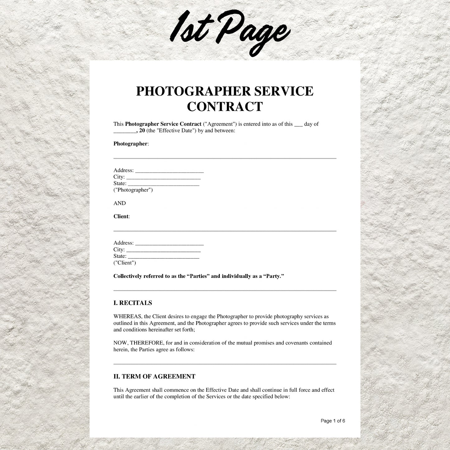 Photography Contract Template Editable Portrait Photography Agreement Form Printable Photographer Business Client Service Agreement Forms