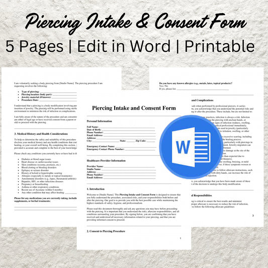 Piercing Consent Form Template Editable Body Piercing Consent Form Printable Piercing Client Intake Form Ear Piercing Client Consent Form