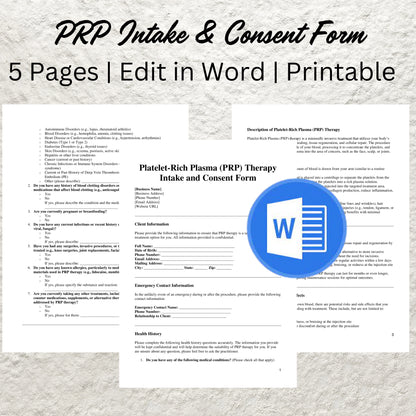 Platelet-Rich Plasma Treatment Forms Editable Plasma Client Intake Form Printable PRP Therapy Consent Form PRP Aftercare Consultation Form