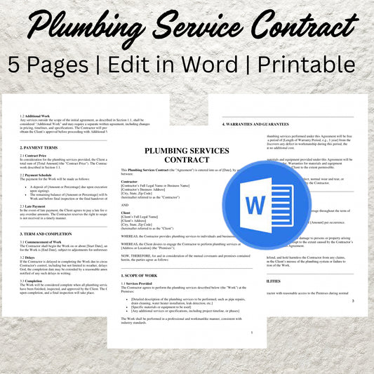 Plumbing Contract Template Editable Plumbing Service Agreement Printable Professional Plumbing Contractor Contract Plumbing Business Form