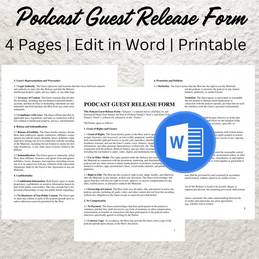 Podcast Guest Release Form Template Editable Podcast Guest Contract Printable Podcast Consent Appearance Form Podcast Guest Waiver Contract