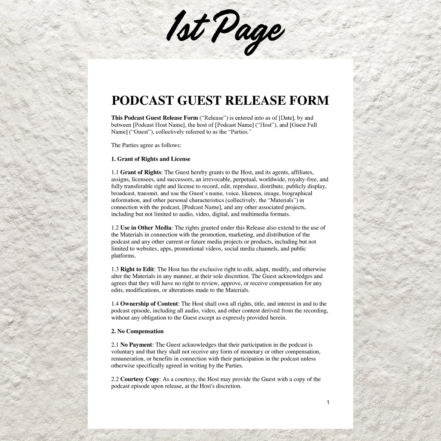 Podcast Guest Release Form Template Editable Podcast Guest Contract Printable Podcast Consent Appearance Form Podcast Guest Waiver Contract