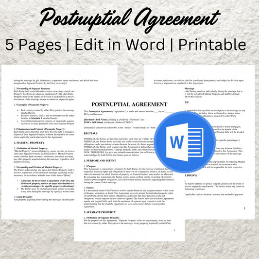 Postnuptial Agreement Template Editable Postnup Agreement Form Printable Postnuptial Contract Marital Asset Division Protection Agreement