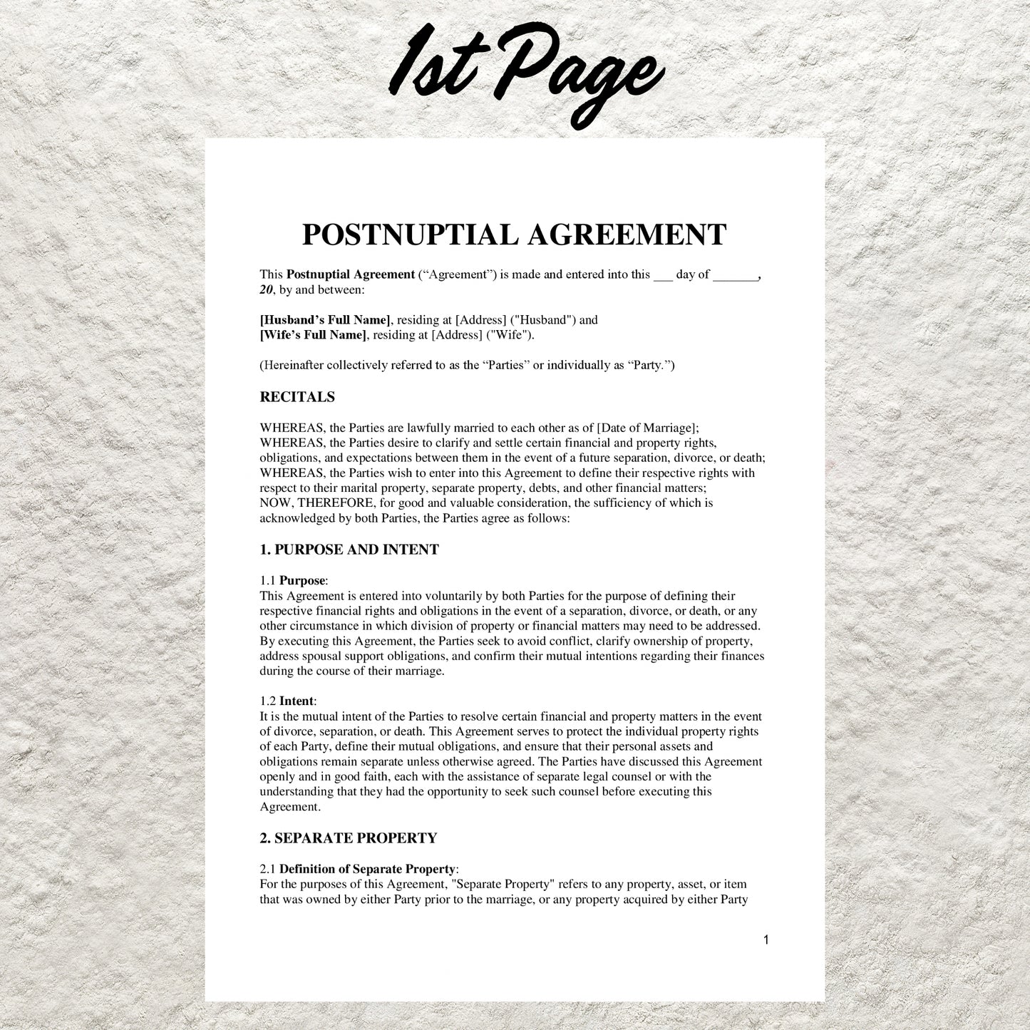 Postnuptial Agreement Template Editable Postnup Agreement Form Printable Postnuptial Contract Marital Asset Division Protection Agreement