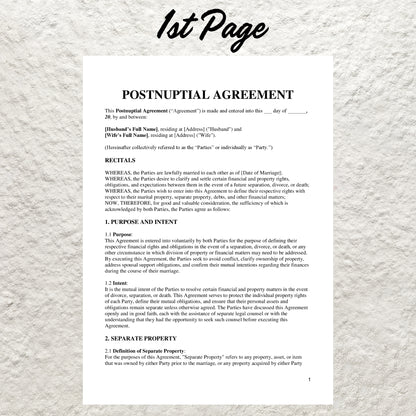 Postnuptial Agreement Template Editable Postnup Agreement Form Printable Postnuptial Contract Marital Asset Division Protection Agreement