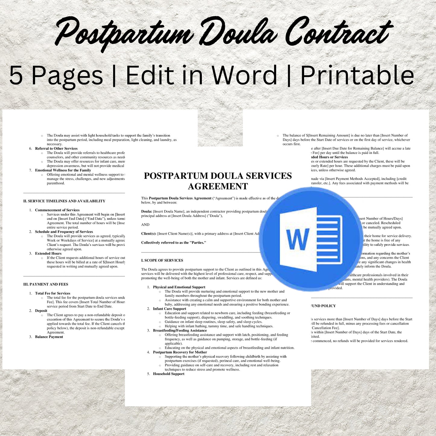 Postpartum Doula Contract Template Editable Postpartum Doula Service Agreement Form Printable Postpartum Doula Client Contract Doula Support