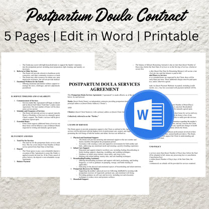 Postpartum Doula Contract Template Editable Postpartum Doula Service Agreement Form Printable Postpartum Doula Client Contract Doula Support