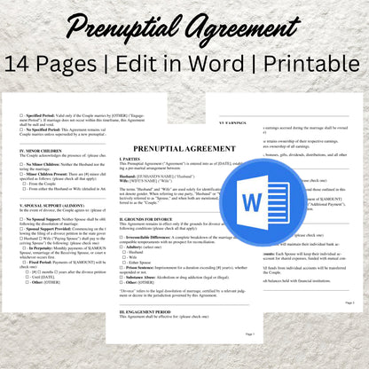 Prenuptial Agreement Template Editable Prenup Contract Printable Prenuptial Agreement Protect Your Assets & Future Premarital Agreement