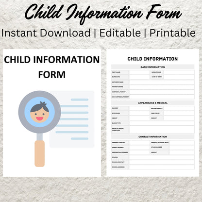 Printable Child Information Sheet Template Planner Daycare All About Me Childcare Information Form Emergency Contact Information Sheet