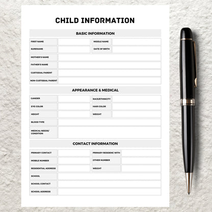 Printable Child Information Sheet Template Planner Daycare All About Me Childcare Information Form Emergency Contact Information Sheet