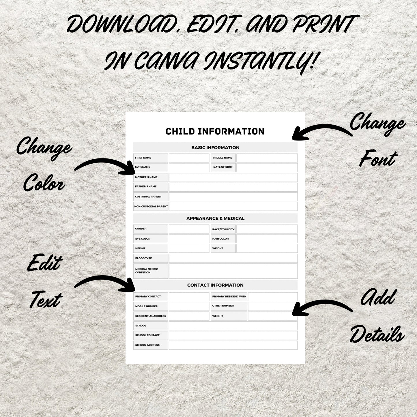 Printable Child Information Sheet Template Planner Daycare All About Me Childcare Information Form Emergency Contact Information Sheet