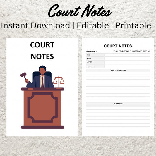 Printable Court Notes Template Court Battle Record Notes Court Case Appearance Tracker Sheet Custody Notes Custody Legal Battle Notekeeping