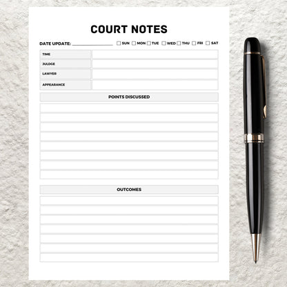 Printable Court Notes Template Court Battle Record Notes Court Case Appearance Tracker Sheet Custody Notes Custody Legal Battle Notekeeping