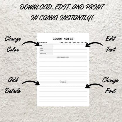 Printable Court Notes Template Court Battle Record Notes Court Case Appearance Tracker Sheet Custody Notes Custody Legal Battle Notekeeping