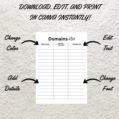 Printable Domain Name List Template Editable Domain Name Tracker Website List Tracking Sheet Website Project List Tracker Domain Flipping