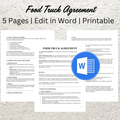 Printable Food Truck Contract Template Editable Food Truck Vendor Agreement Food Truck Rental Lease Agreement Catering Truck Rental Contract