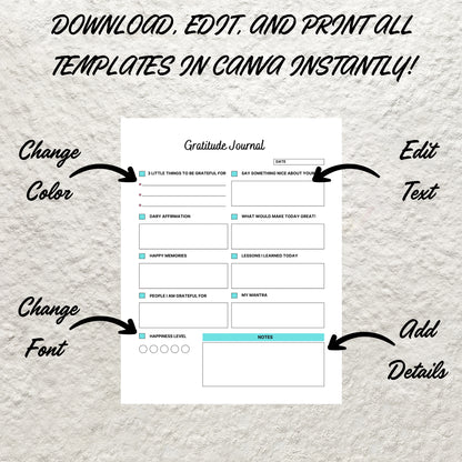 Printable Gratitude Journal Template Daily Weekly Monthly Gratitude Journal Mindfulness Log Self Care Wellness Tracker Digital Journal