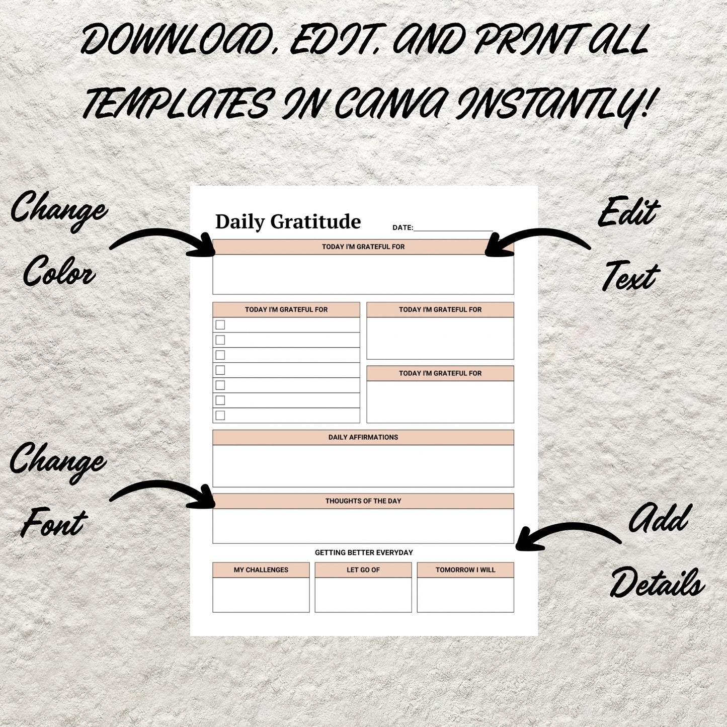 Printable Gratitude Journal Template Daily Weekly Monthly Gratitude Journal Mindfulness Log Self Care Wellness Tracker Digital Journal