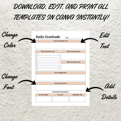 Printable Gratitude Journal Template Daily Weekly Monthly Gratitude Journal Mindfulness Log Self Care Wellness Tracker Digital Journal