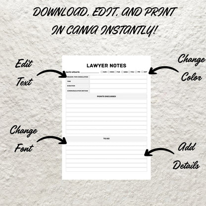 Printable Lawyer Notes Template Editable Lawyer Planner Law Client Communication Notes Sheet for Lawyer and Attorney Needs Court Case Record