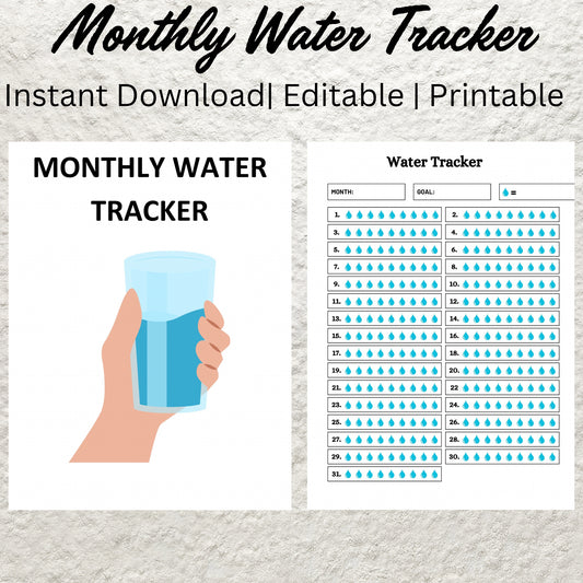 Printable Monthly Water Tracker Template Editable Hydration Water Intake Tracker 31 Day Water Challenge Drink Water Reminder Water Journal