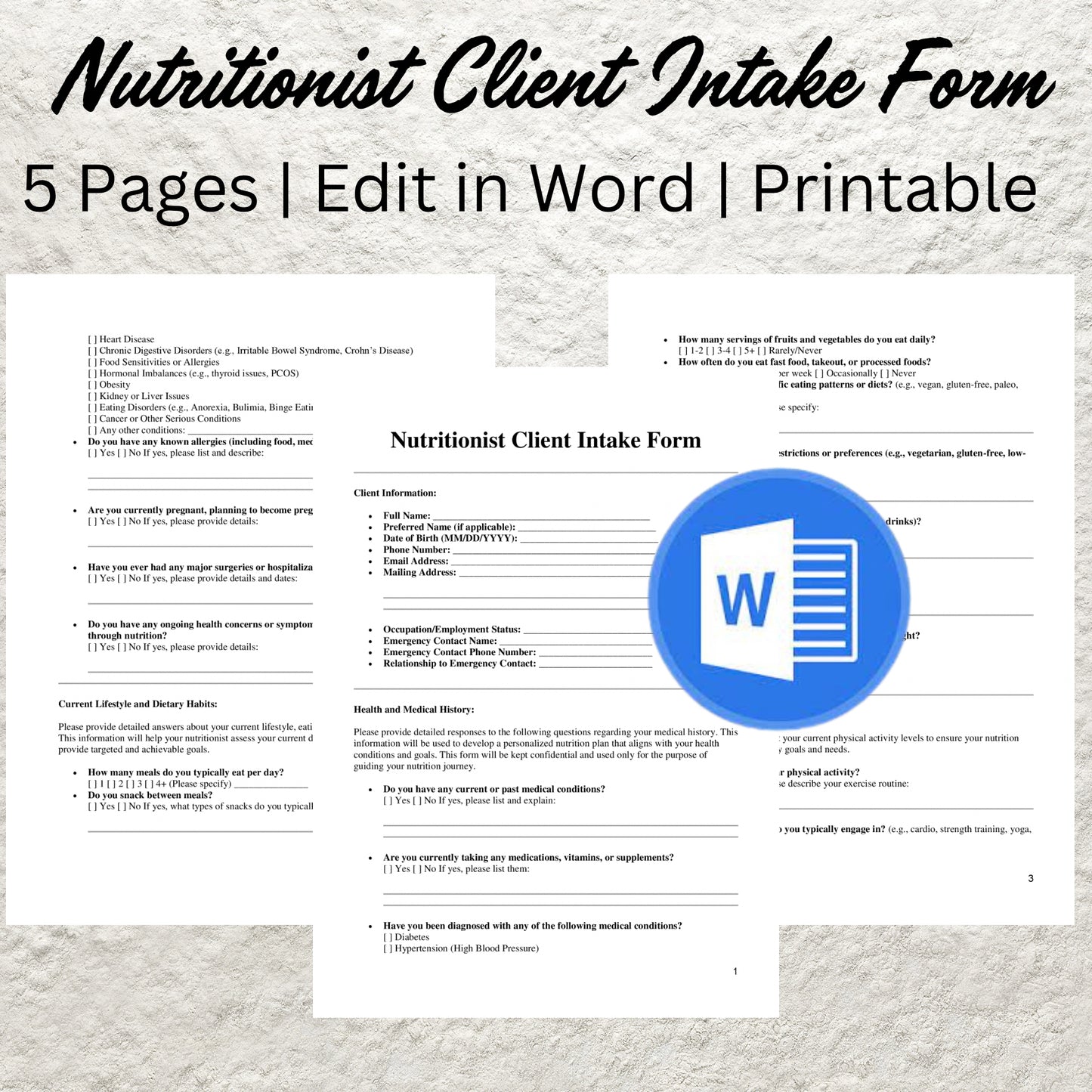 Nutritionist Client Intake Form Template Editable Nutritionist Consent Form Printable Dietitian Health Questionnaire Form Nutrition Business