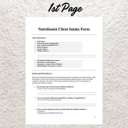 Nutritionist Client Intake Form Template Editable Nutritionist Consent Form Printable Dietitian Health Questionnaire Form Nutrition Business