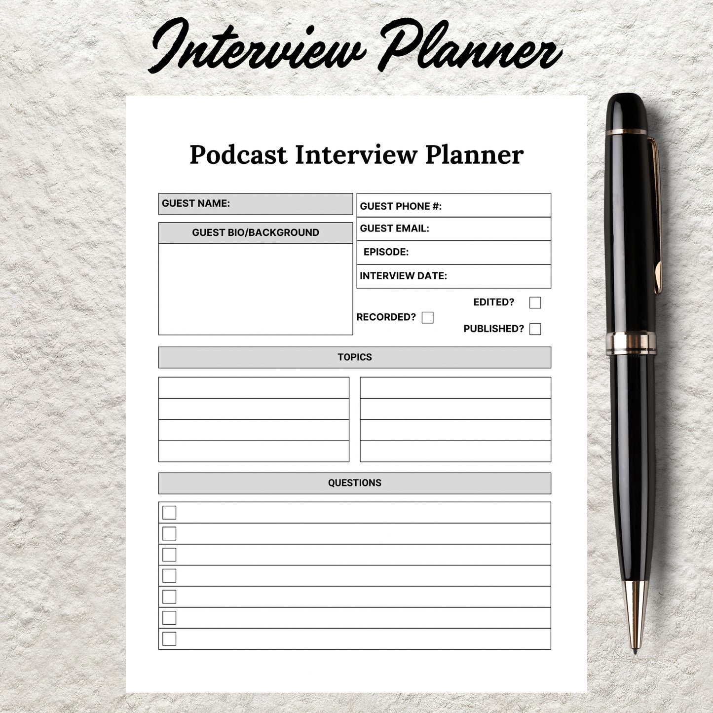 Printable Podcast Episode Planner Worksheet Template Podcast Content Plan Planner Checklist Instant Digital Download Podcast Notes